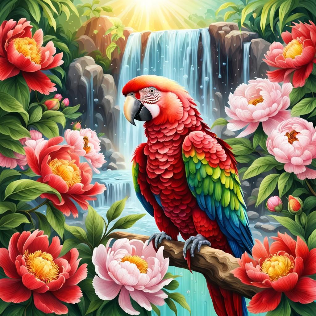 Vivid Parrot with Peonies and Waterfall