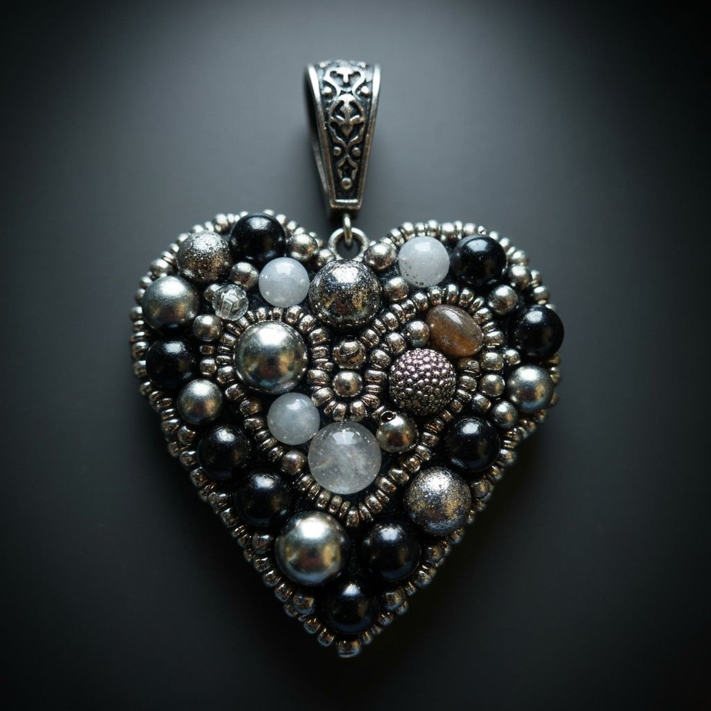 Gothic Heart Pendant with Beads in Pre-Raphaelite Style