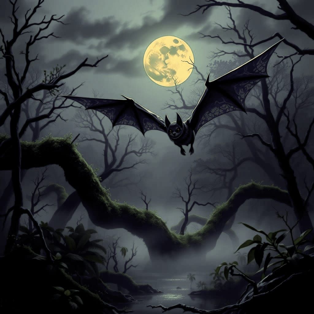 Bat in Misty Swamp Landscape at Moonlight