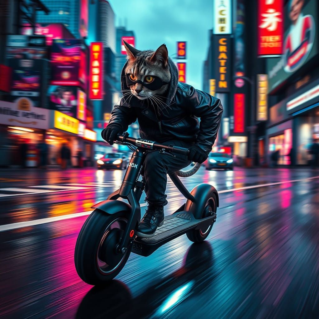 Feline Thief Speeds Away on Stolen Ninebot in Neon-Lit Citys...