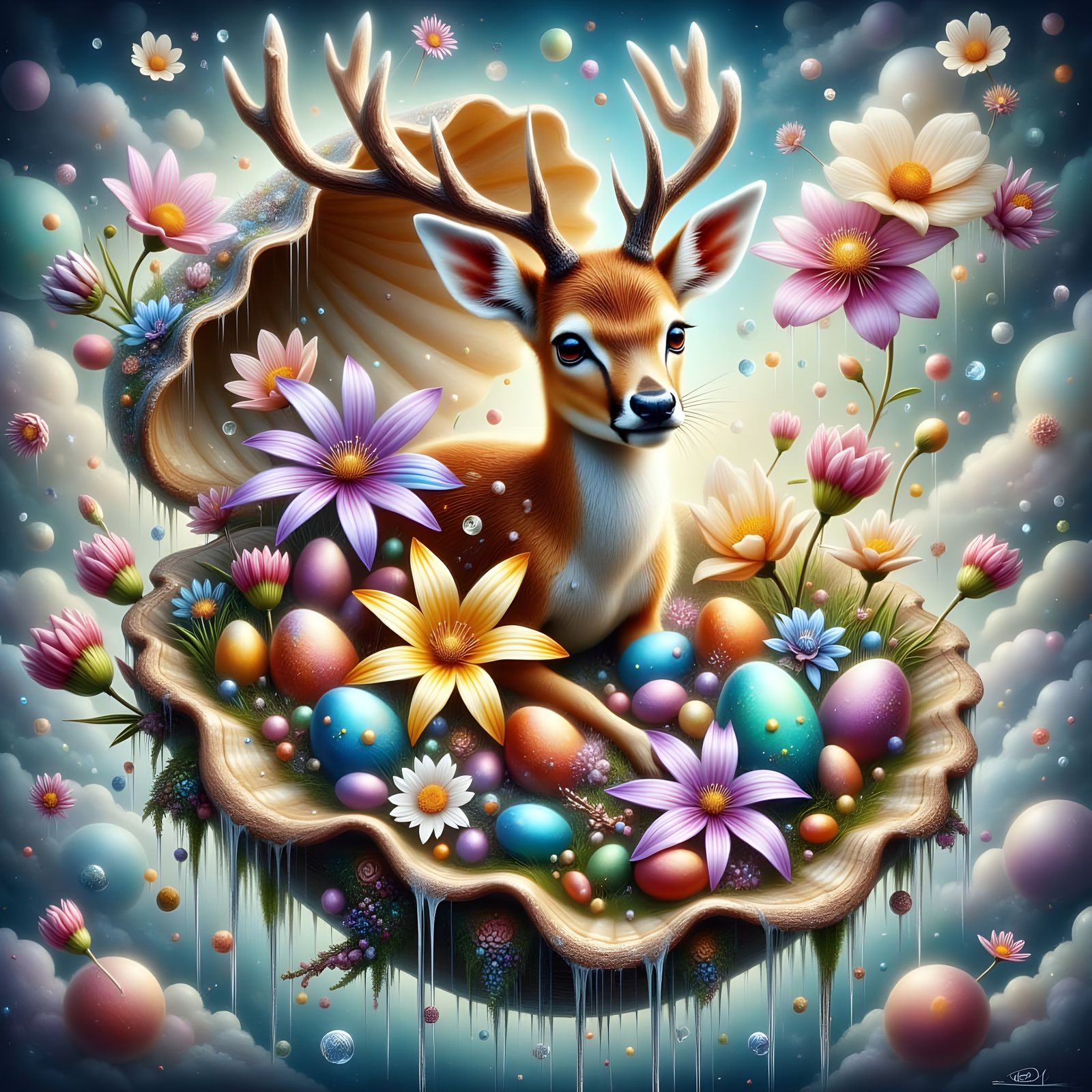 Ethereal Fawn in Seashell with Vibrant Easter Eggs
