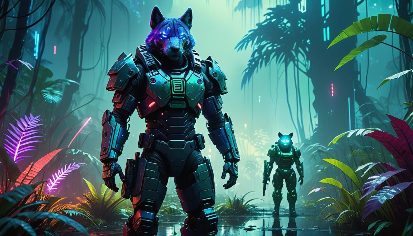 Furry Soldier in Cyberpunk Jungle Concept Art