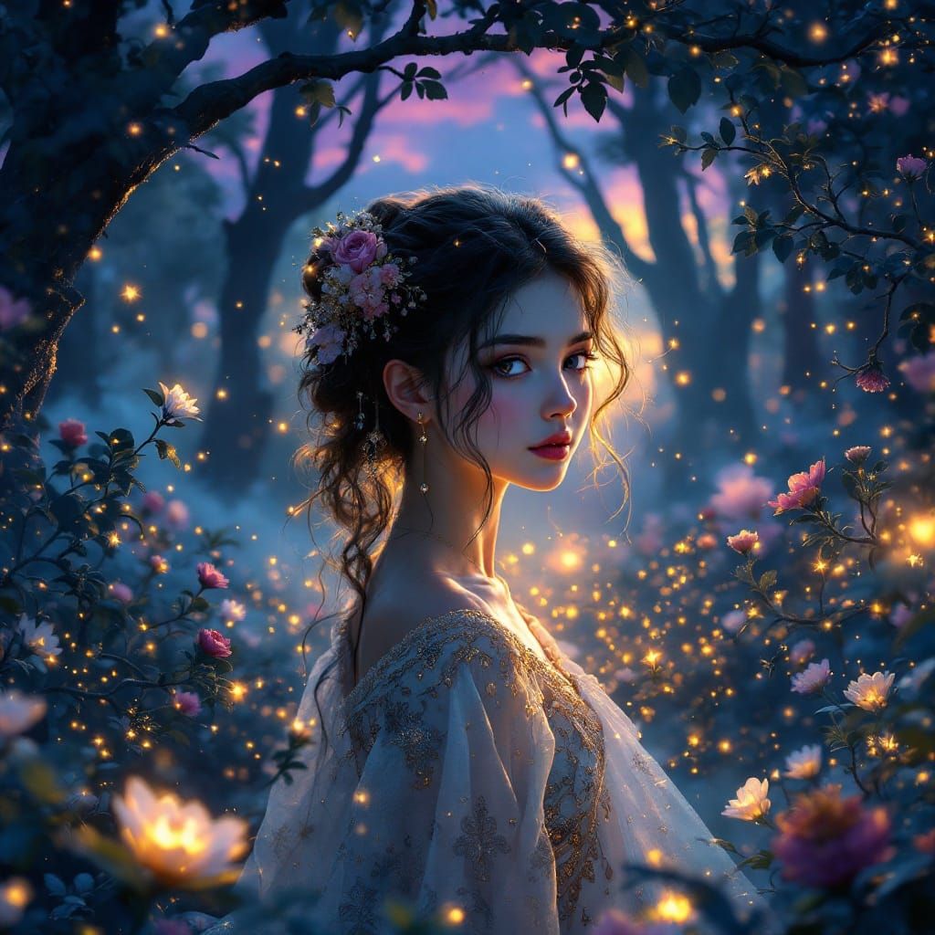 Enchanted Forest Maiden in Vibrant Sunset Glow