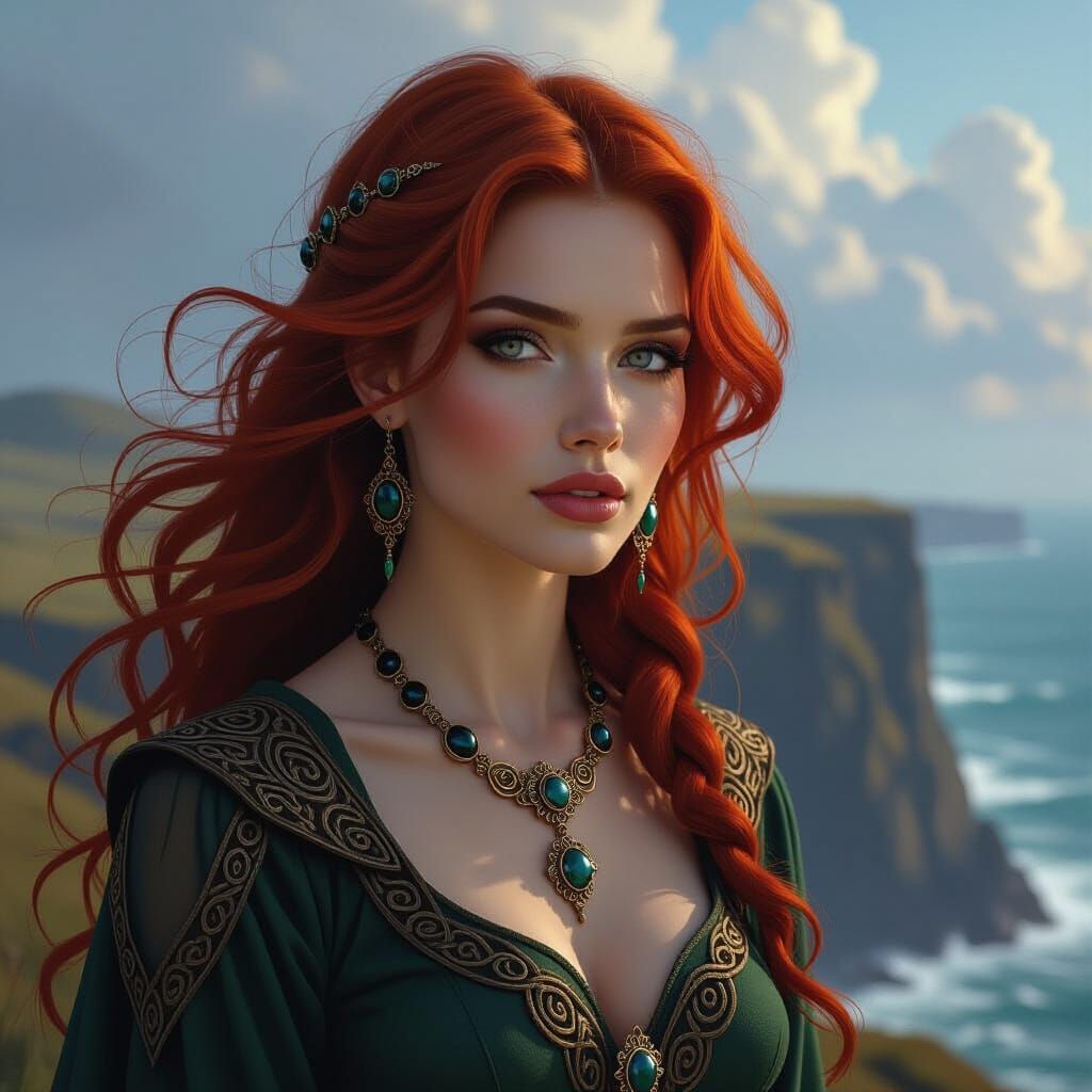 Fiery Haired Woman with Celtic Jewelry on Highland Cliff