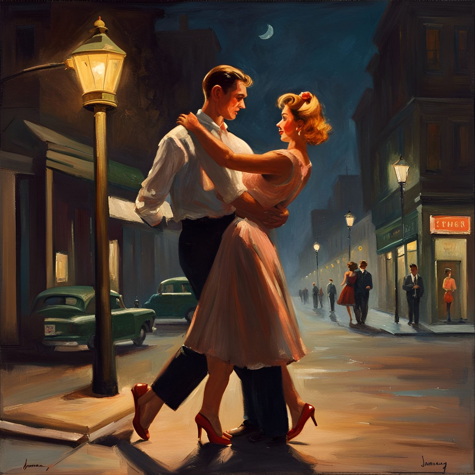1950s Couple Dancing Under Moonlight, Oil Painting