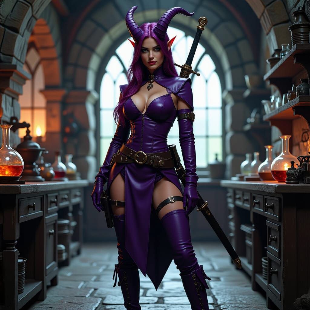 Tiefling Alchemist in Medieval Lab, Fantasy Art