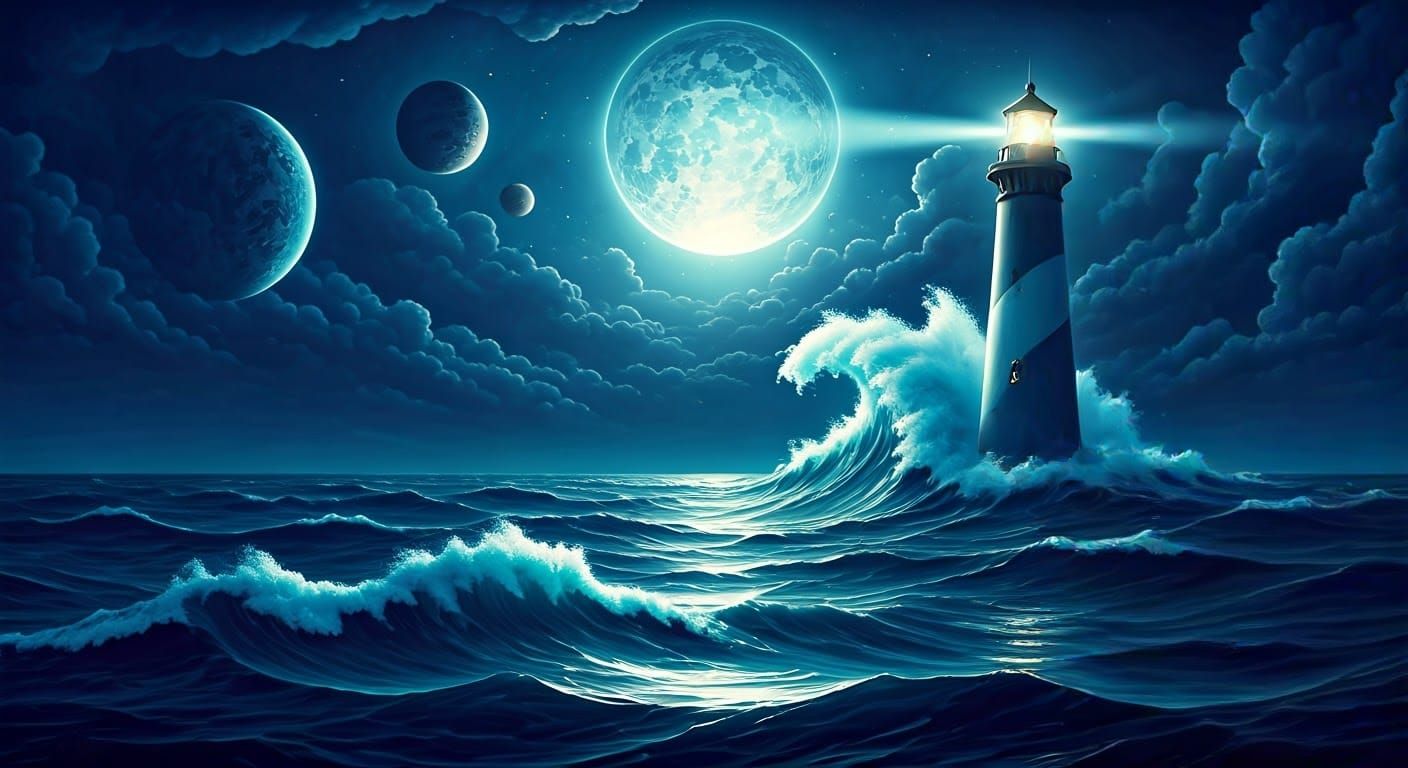 Watercolor Lighthouse Fantasy Under Planetary Skies