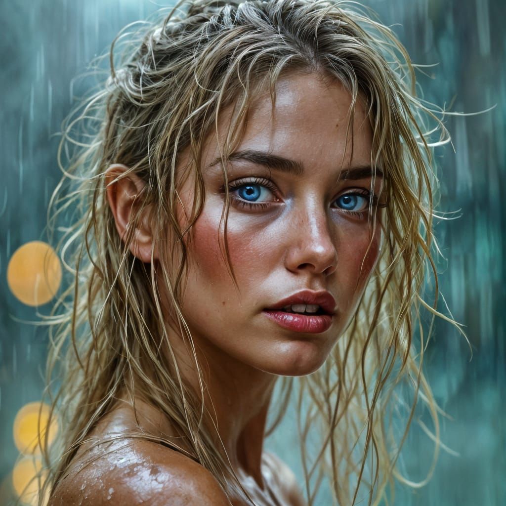 Blonde Woman in Rain: Hyperrealistic Splash Art