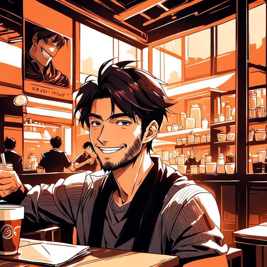 Anime Style Young Man in Cafe with Friends