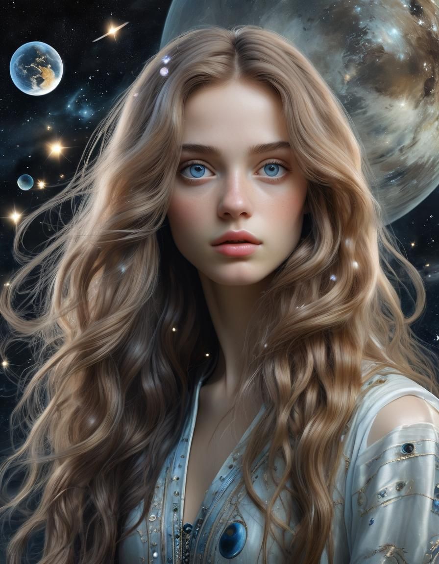 Futuristic Pre-Raphaelite Woman Among the Stars