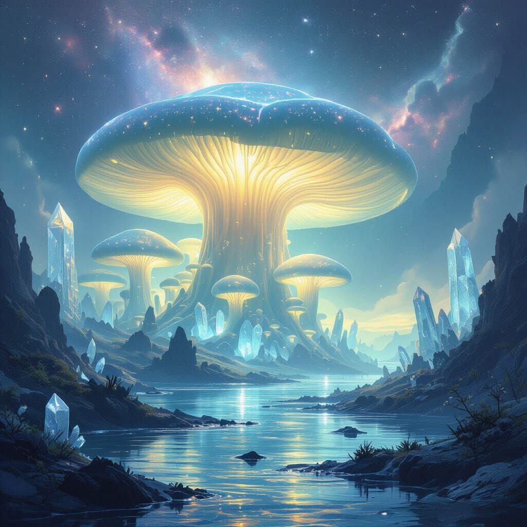 Bioluminescent Mushroom Forest on Cosmic Ocean Edge
