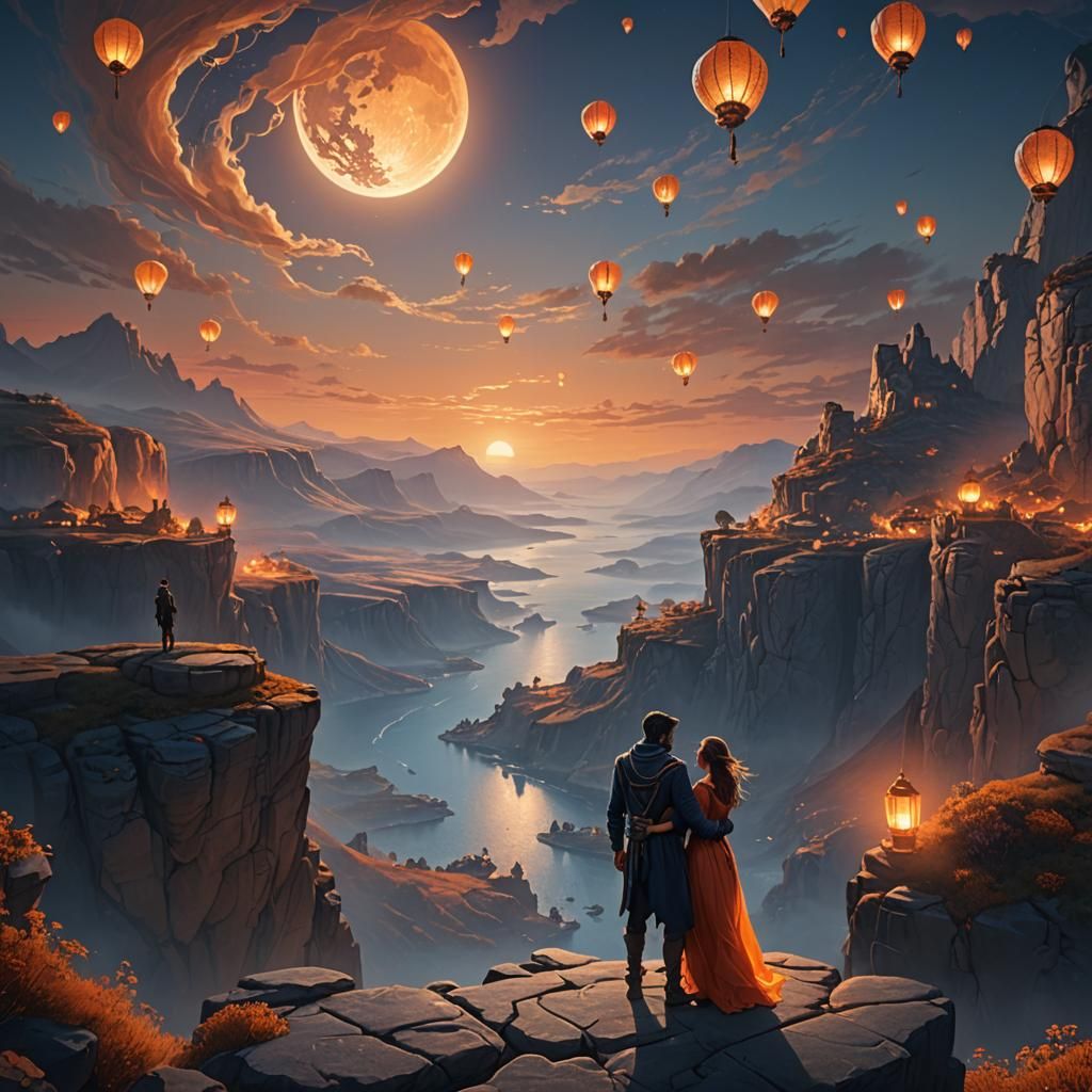 Mystical Cliffs: Fantasy Landscape Embracing Couple