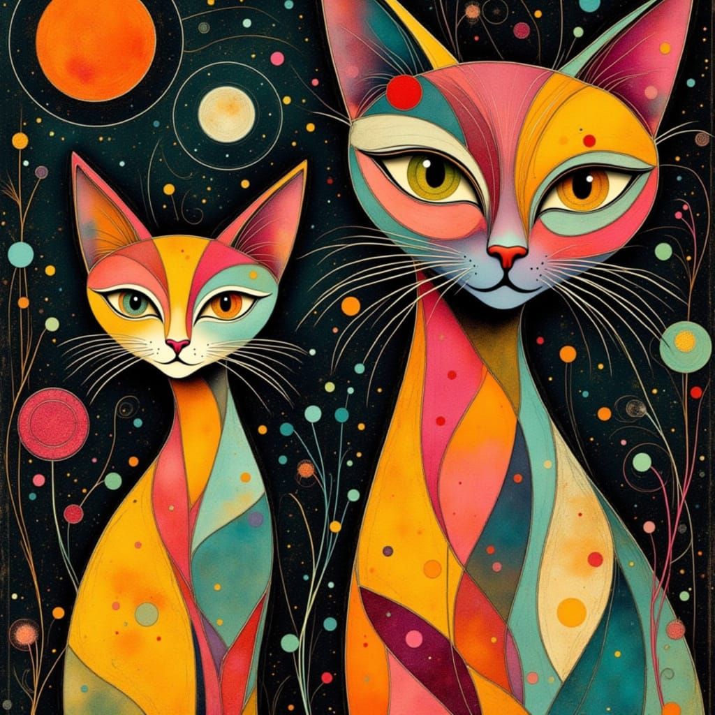 Mid Century Abstract Cat Portrait in Bright Hues
