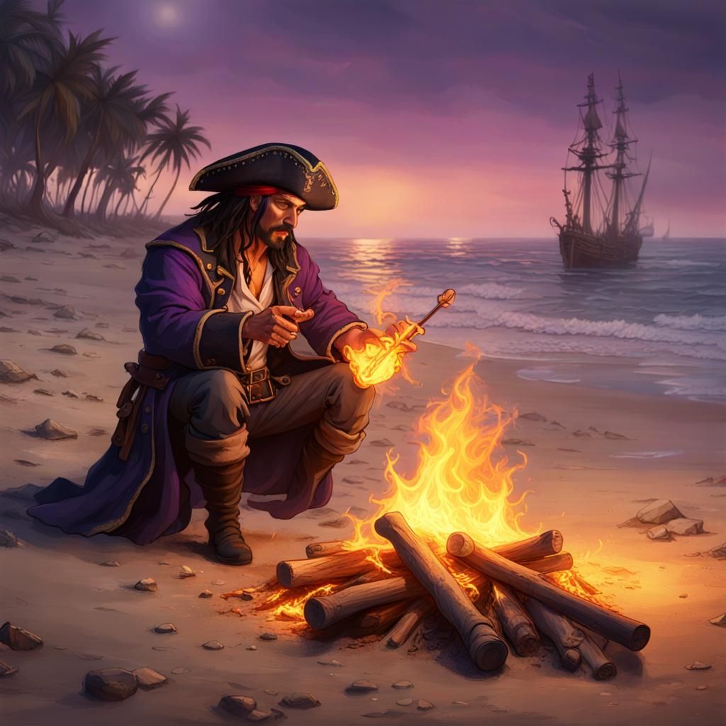 Pirate Lights Bonfire on Beach in Dark Fantasy Style