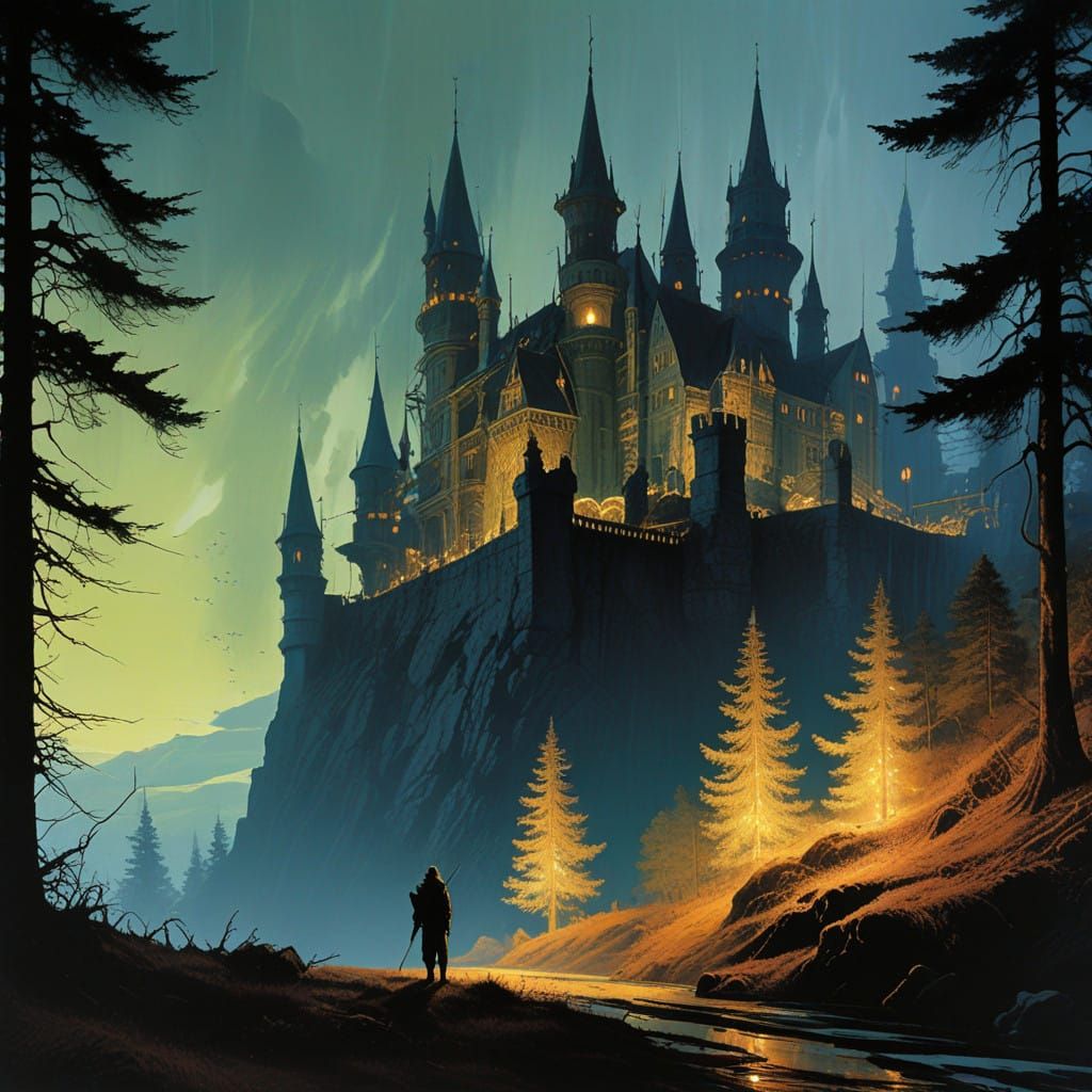 Mystical Fir Trees March Towards Enchanted Castle