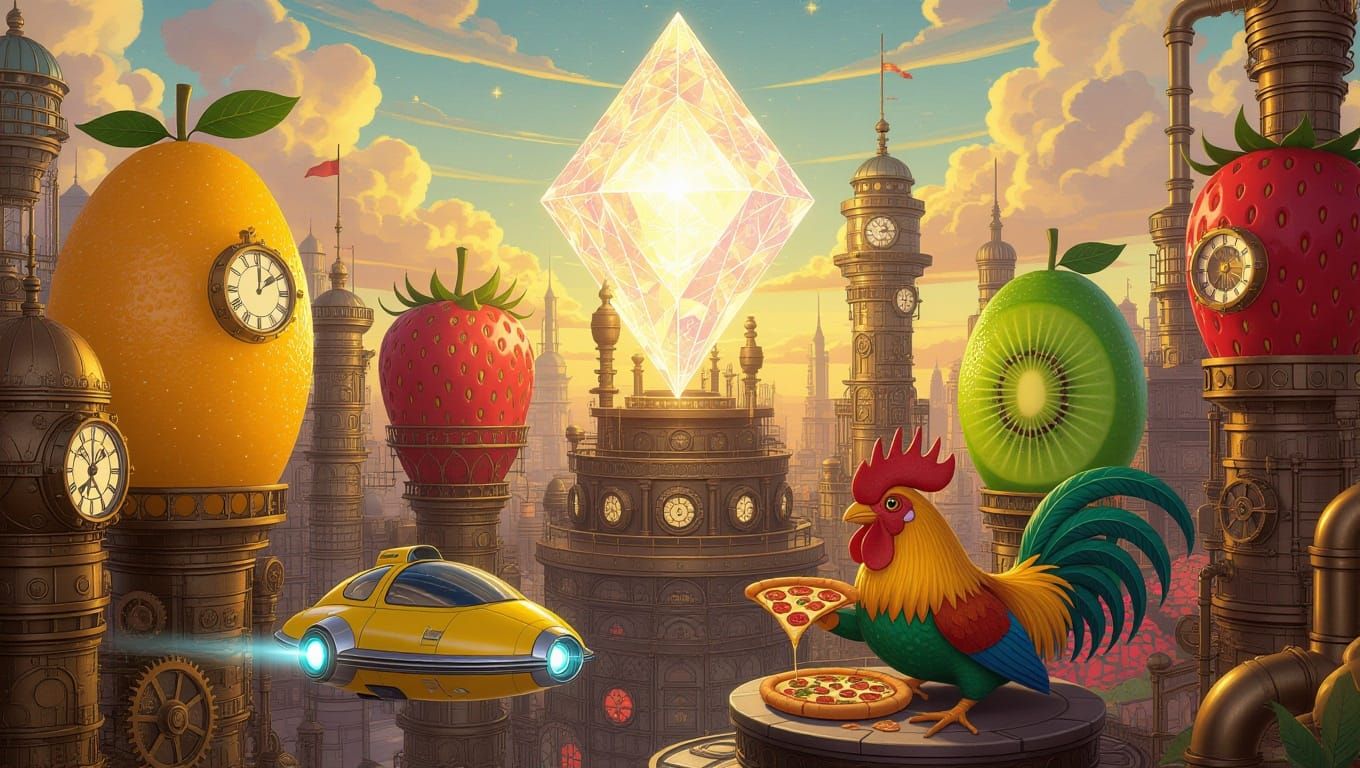 Steampunk City with Rooster-Frog Monument in Sci-Fi Style