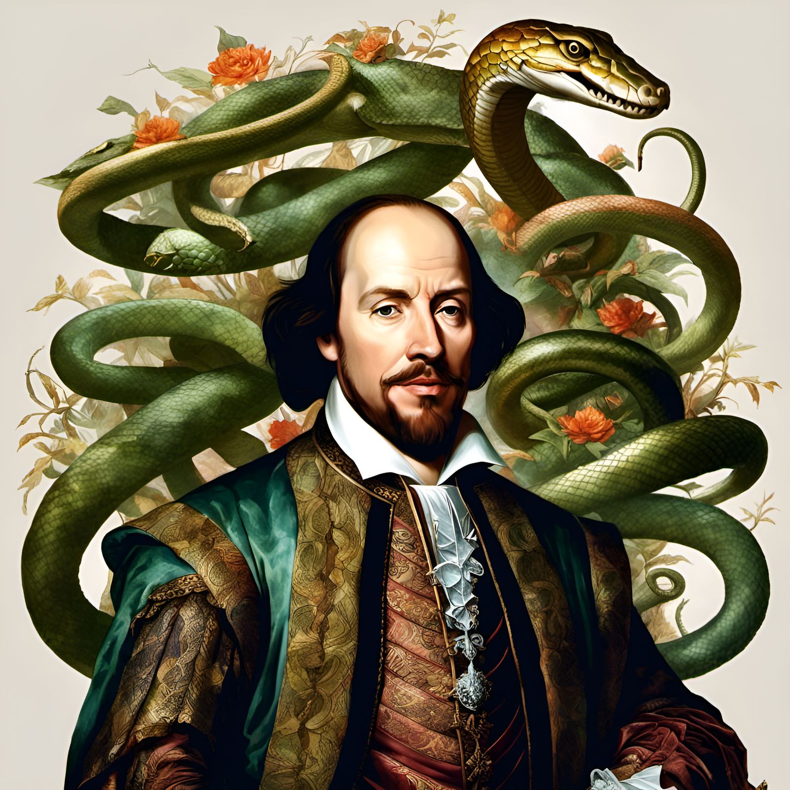 Shakespeare Portrait with Snakes in Mixed Media Style