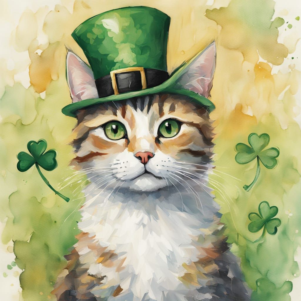 Whimsical St. Patrick's Cat Portrait in Folk Art Style
