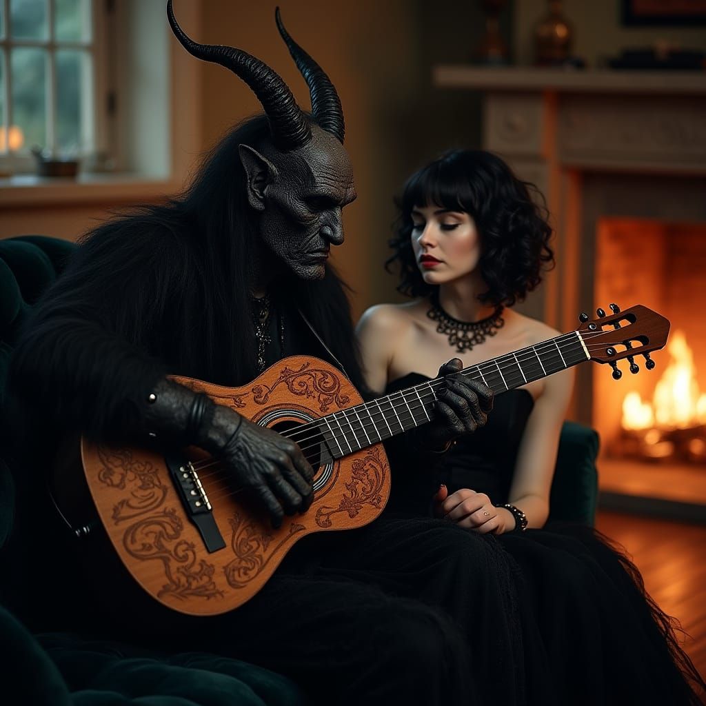 Krampus Serenades a Gothic Woman: Dramatic Digital Art