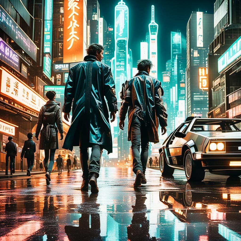 Neo-Futuristic Cityscape with Classic Car at Night