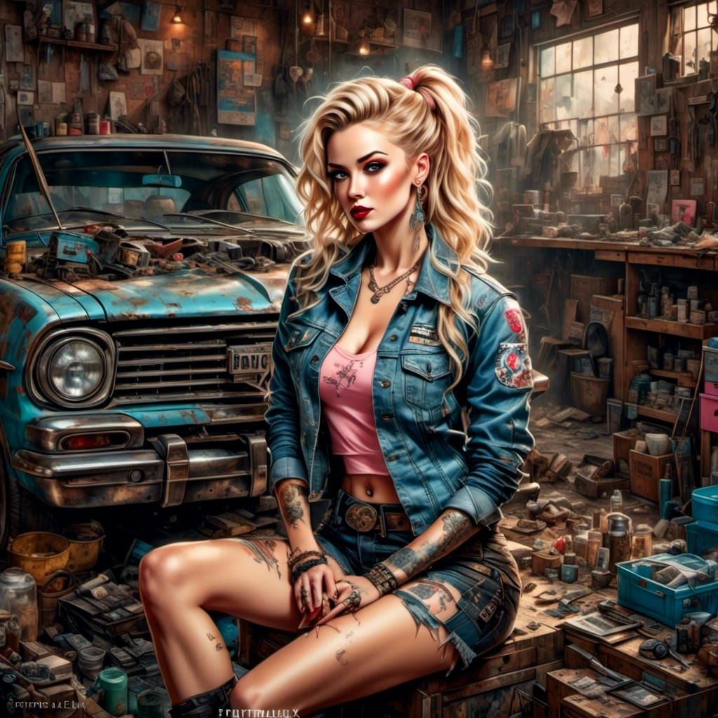 Automotive Pinup: Woman Mechanic in Repair Shop