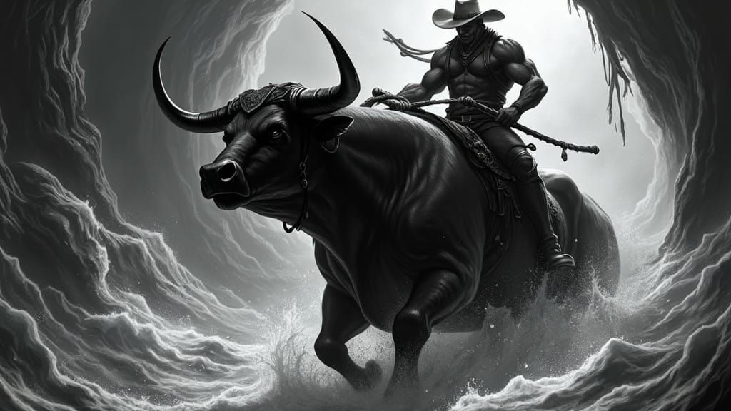 Cowboy Rides Bull in Subterranean Cavern