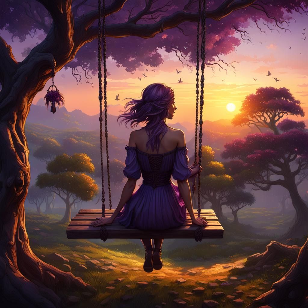 Sunset Silhouette: Dark Fantasy Art Nouveau Scene