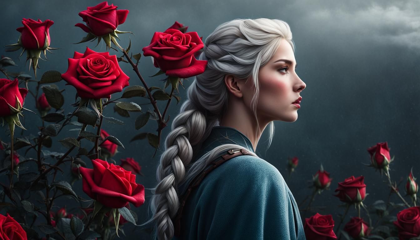 Contemplative Woman with Roses and Faded Memories