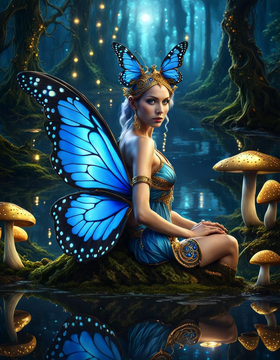 Blue Butterfly Fairy in Golden Mushroom Forest