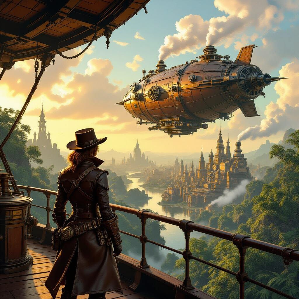 Steampunk Airship Captain Overlooking Clockwork Jungle City