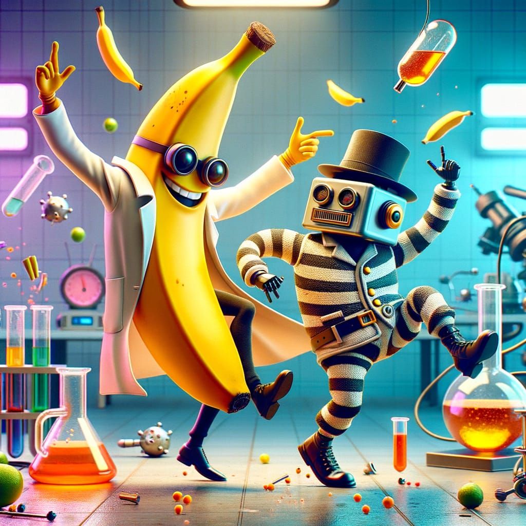 Anthropomorphic Banana Dances with Retro Robot in Lab
