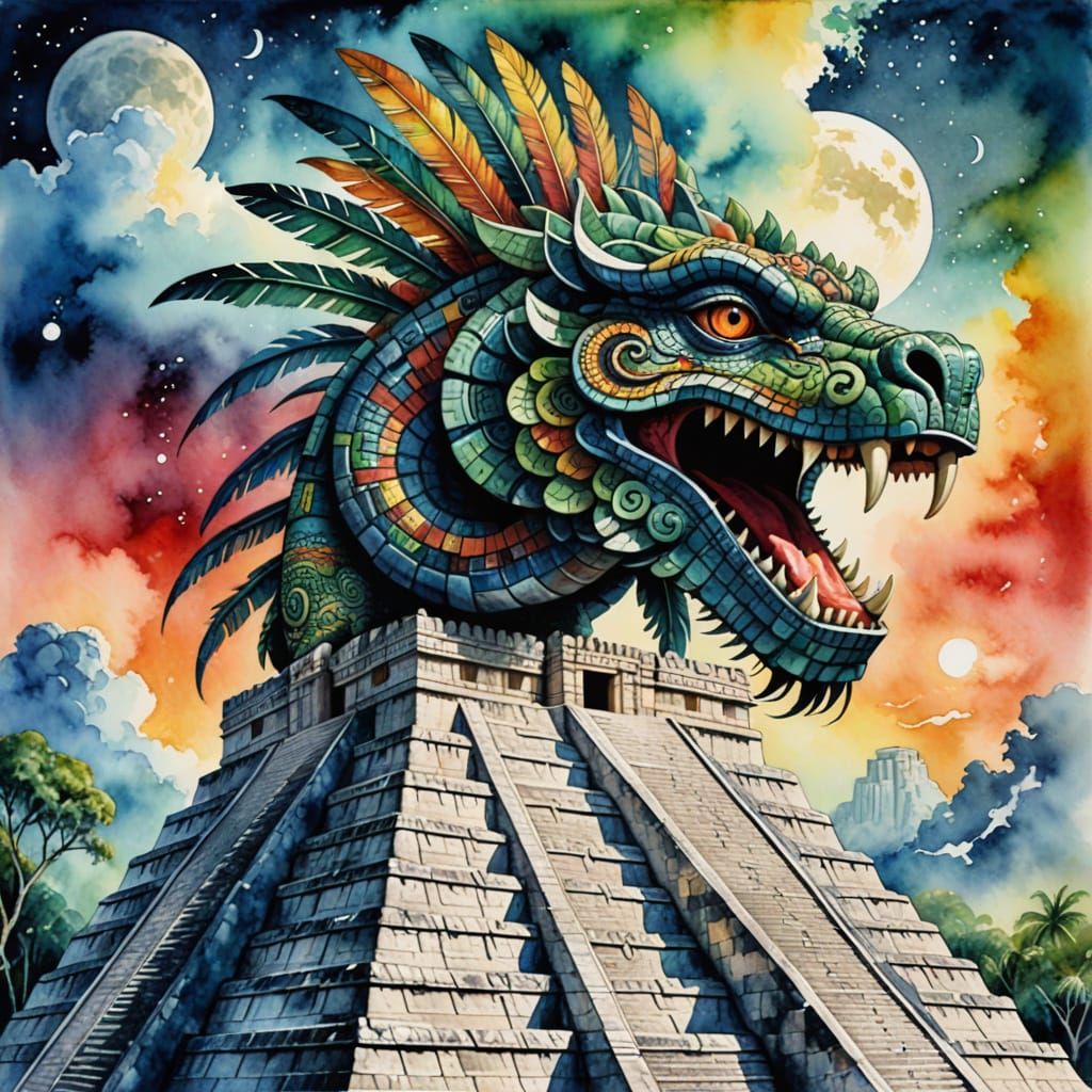 Kukulkan Serpent Merges with Jungle in Watercolor