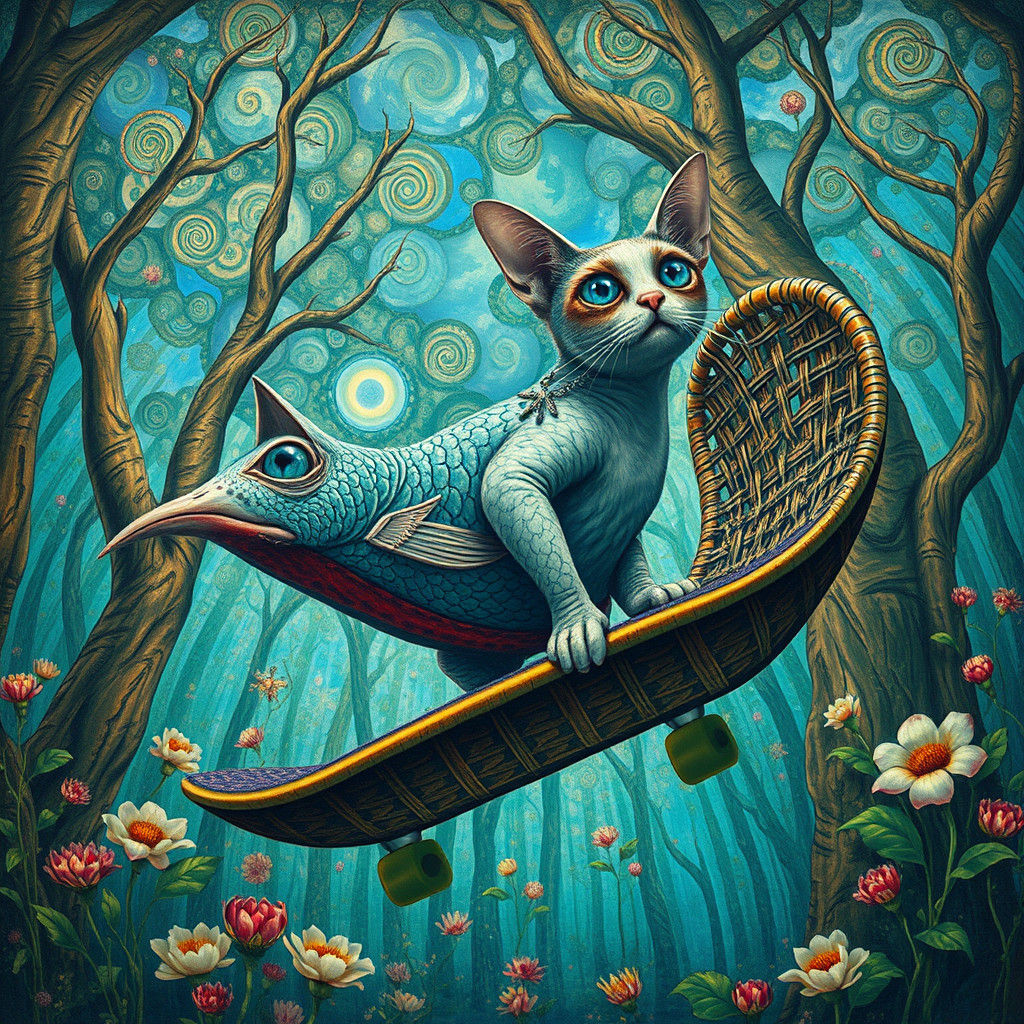 Surreal Dreamlike Woman-Cat Portrait in Art Brut Style