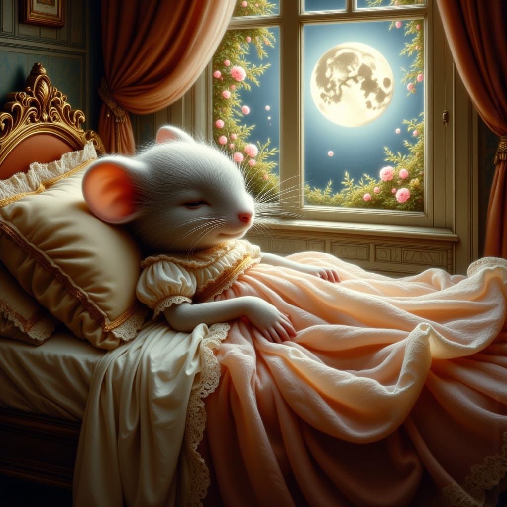 Serene Slumbering Mouse in Rococo Nightgown
