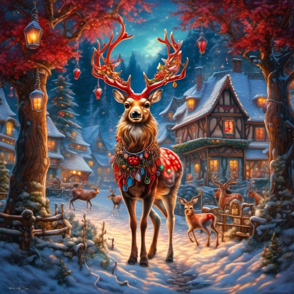 <lora:Colorful Animals:1.0> Rudolf the Rendeer with the red nose, santa, fairytale village, beautiful, colorful, Ben Boc...