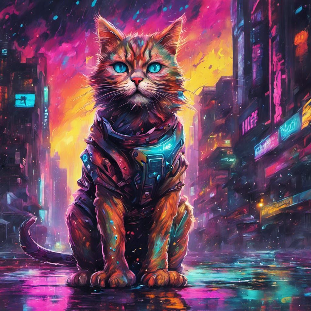 Cyberpunk Cat in Neon City Graffiti Art