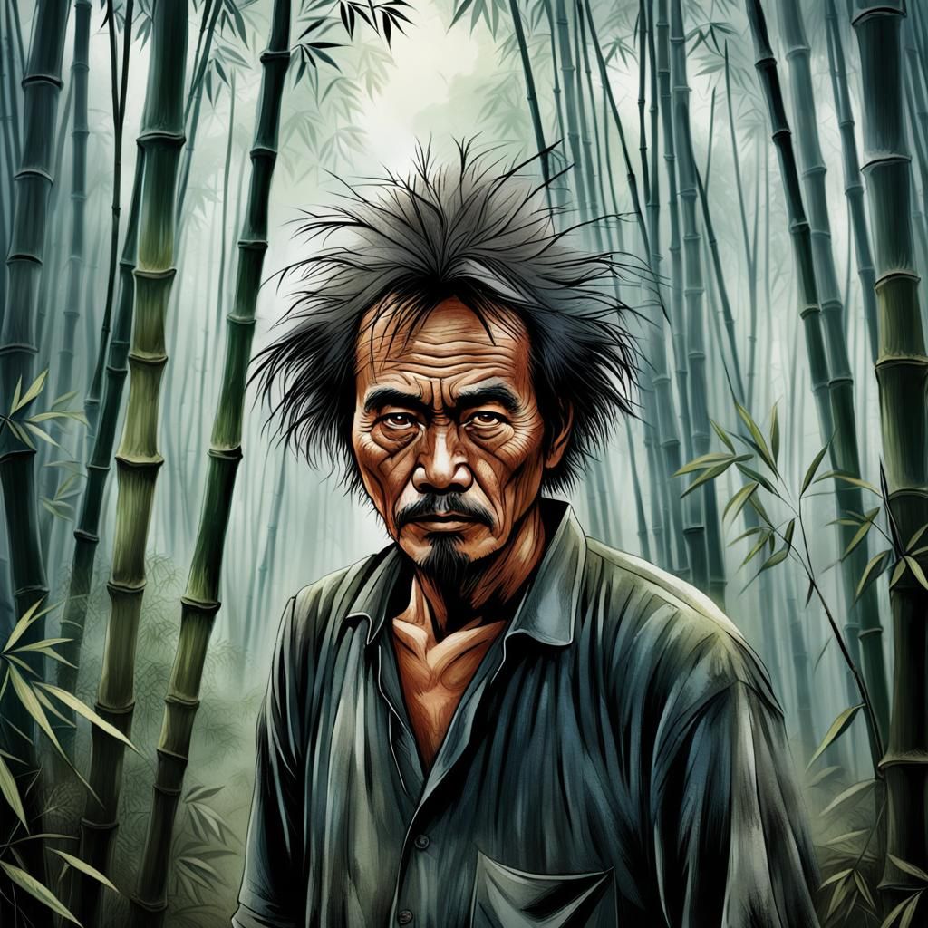 Indonesian Man in Bamboo Forest Depicts Enlightenment