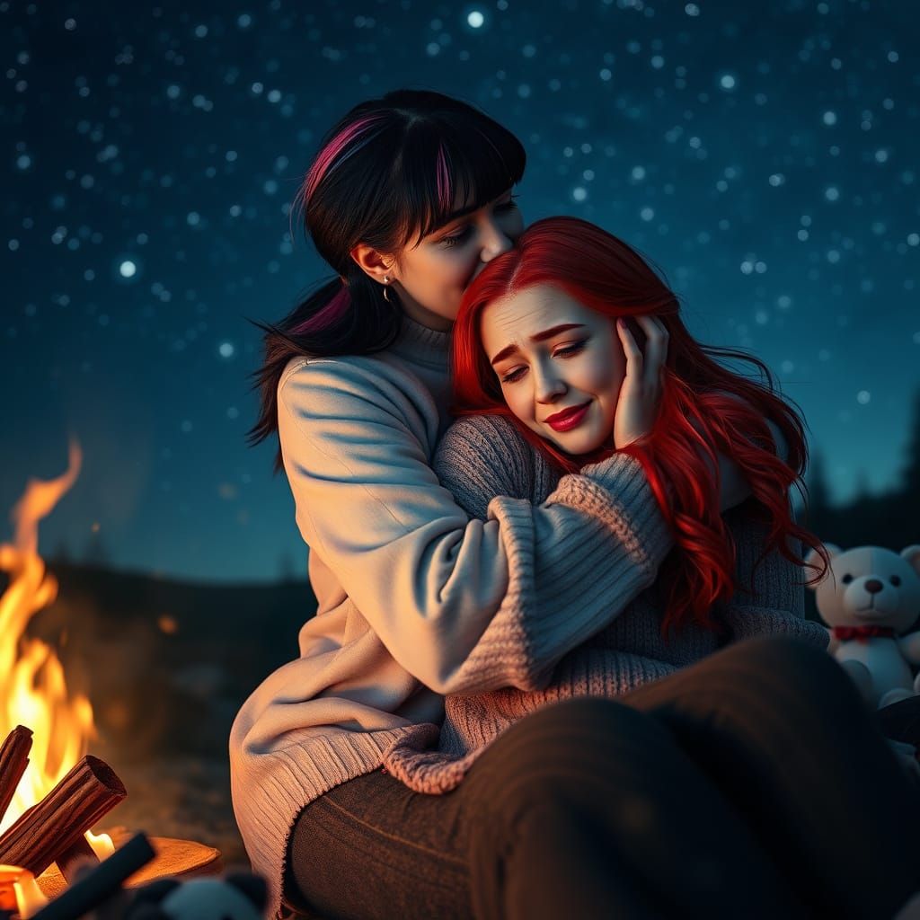 Comforting Embrace by Campfire in Photorealistic Style