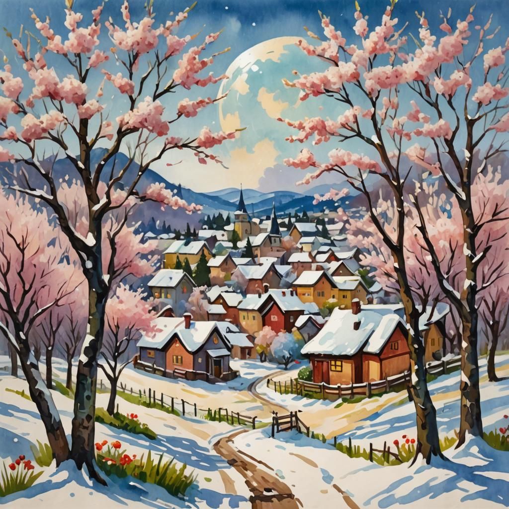 Cherry Blossom Village in Snowglobe, Gouache Painting