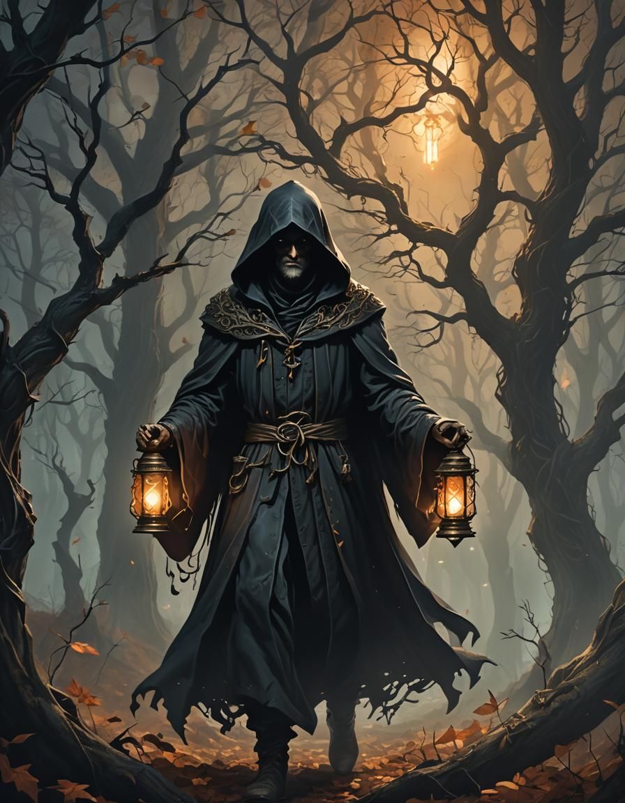 Mysterious Hooded Figure in Autumn Forest Concept Art