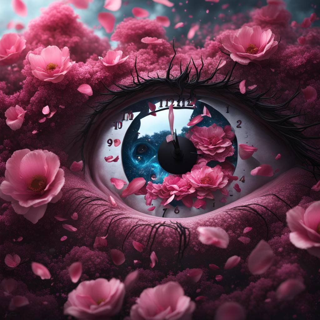 Surreal Clockwork Eye Crying Pink Petals