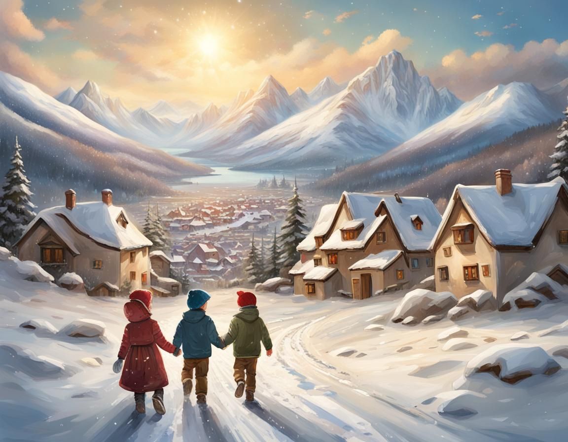 Charming Portrait of Children in Snowy Village