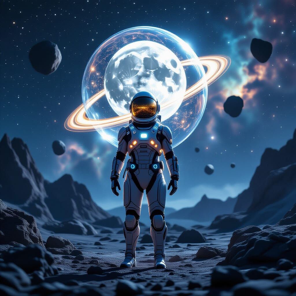 Futuristic Astronaut in Exosuit on Alien Planet