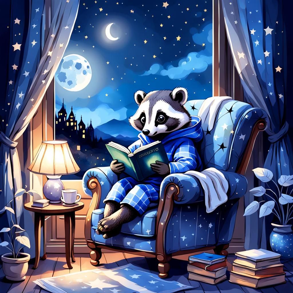 Badger Reading Book in Cozy Room, Watercolor Sketch