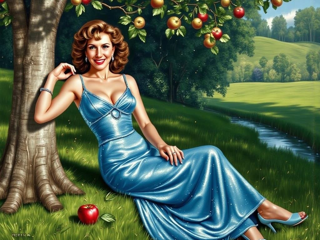Glamorous Woman by Apple Tree in Old Masters Style