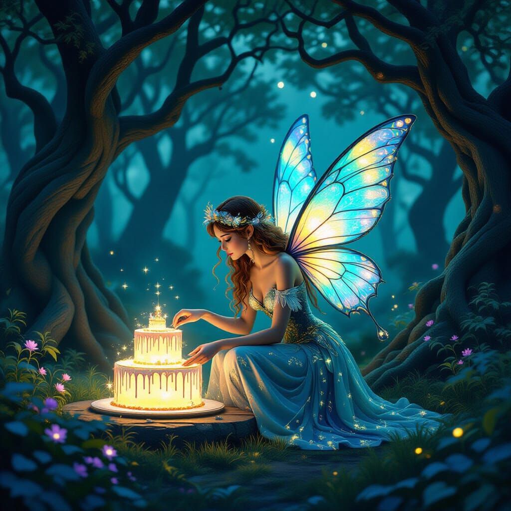 Enchanted Fairy Tending Glowing Cake in Mystical Forest