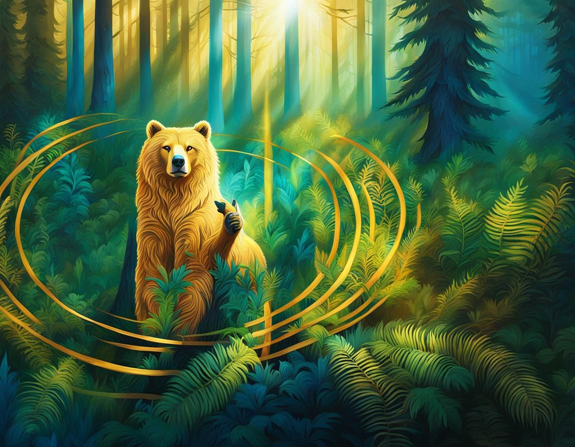 Golden Bear in Mystical Forest: Realistic Digital Art