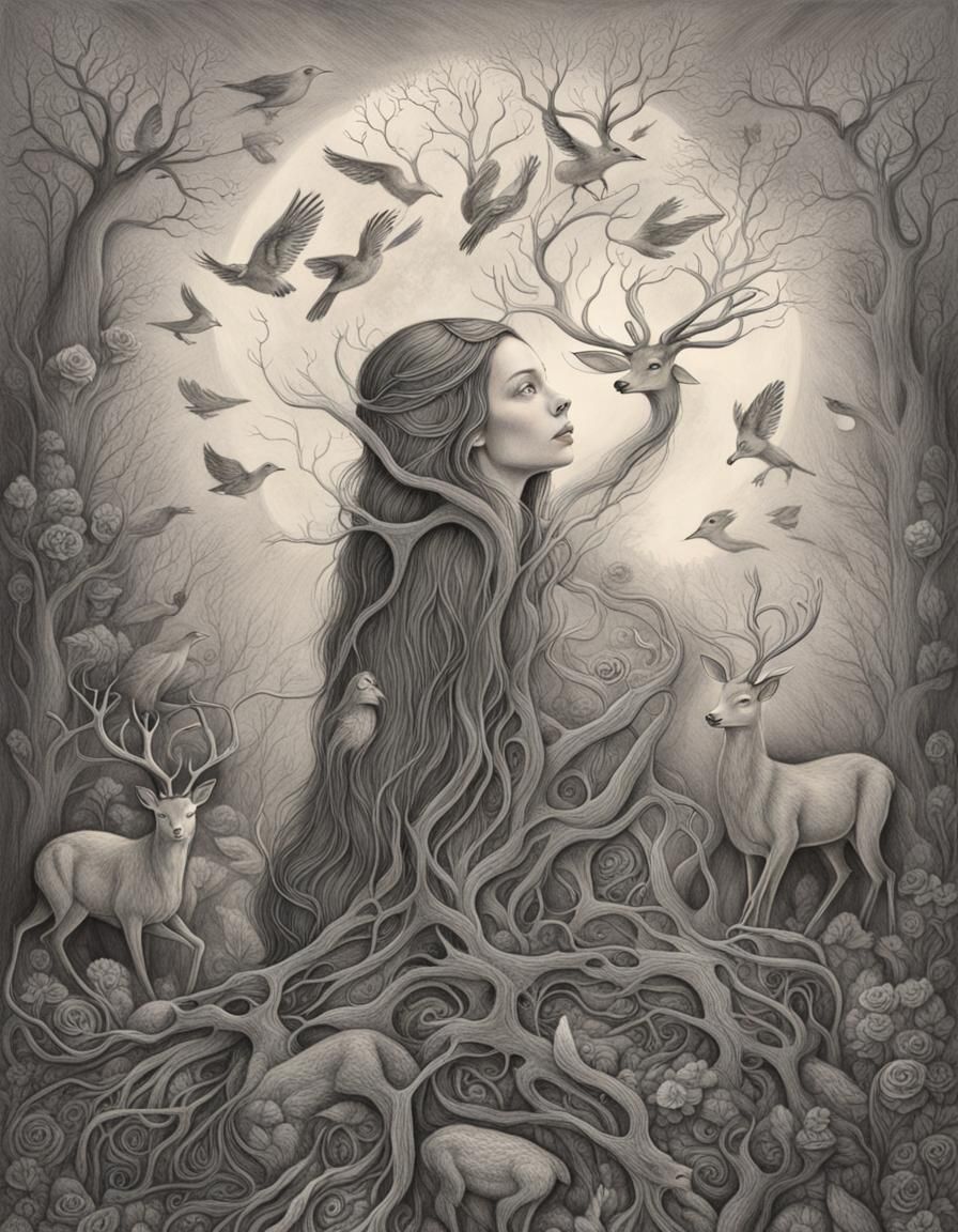 Pagan Woman with Birds and Deer in Charcoal