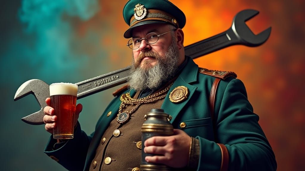 Steampunk Engineer Portrait with Spanner and Ale
