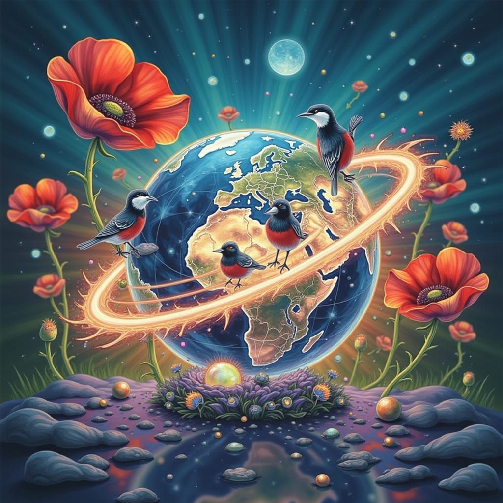 Psychedelic Puffins Bursting from Glass Globe